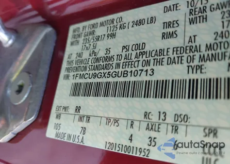 2016 Ford Escape Se из США, поврежденный, VIN 1FMCU9GX5GUB10713